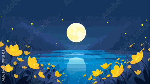 Nighttime landscape with flowers and moon