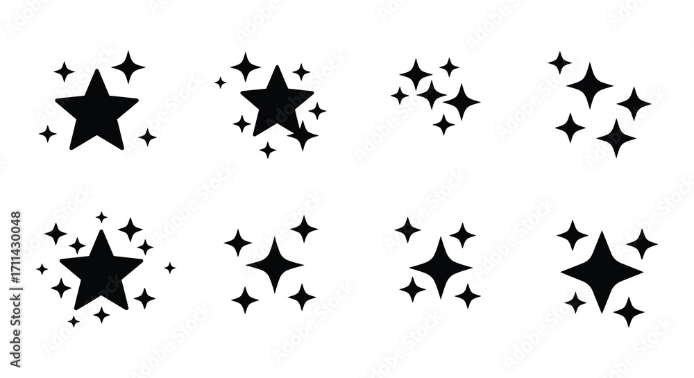Naklejka premium Black stars and sparkles scattered on a plain white background