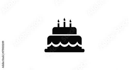 A simple black silhouette of a two tiered birthday cake with candles