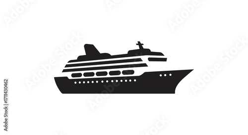 Simple black and white illustration of a large passenger cruise ship