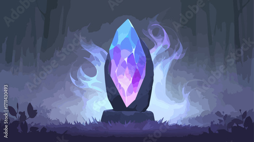 Magical crystal embedded in mysterious forest