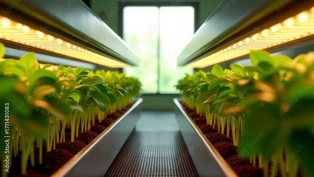 Fototapeta premium Indoor farming with led lights and green plants