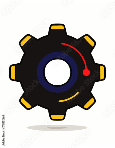 Flat design gear icon with a red adjustment indicator, representing mechanical settings, operational processes, and technological configuration