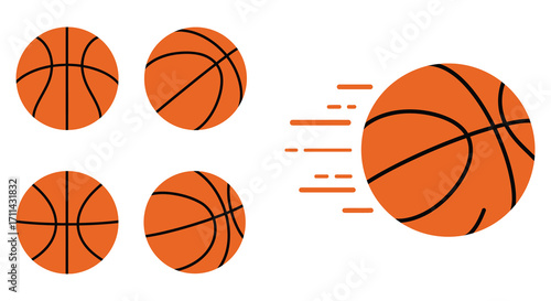 Minimalist illustration showcasing three orange basketballs in dynamic arrangement