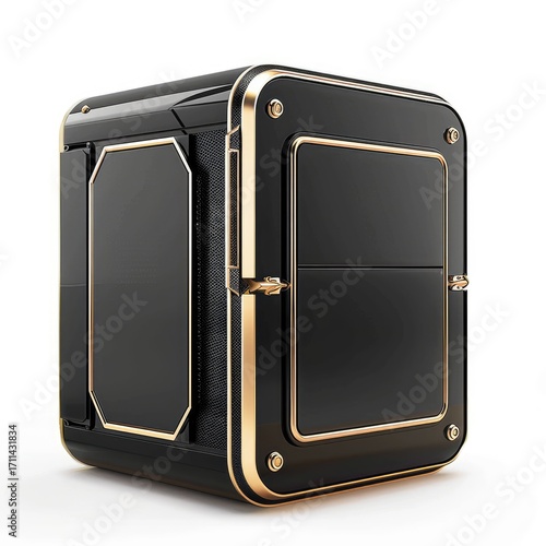 A sleek, modern black and gold mini-fridge designed for stylish beverage storage.