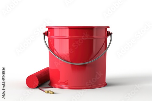 A red paint bucket with a paint roller beside it, suggesting a painting project.