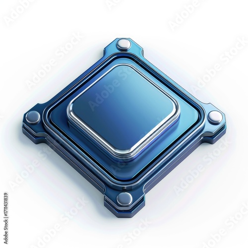 A blue, metallic microchip design, representing technology and innovation.