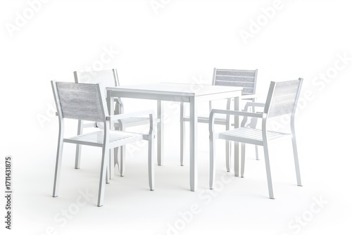 A modern white dining set featuring a table and four chairs, ideal for outdoor use.