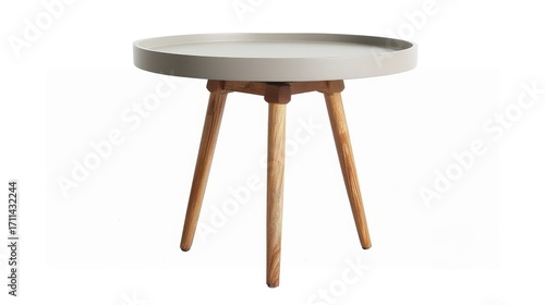 A round table with a shallow tray top and wooden legs, suitable for various settings.