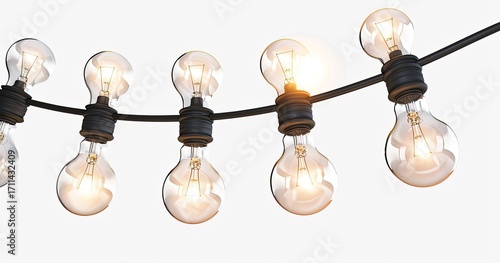 A string of illuminated light bulbs on a black wire, creating a warm ambiance.