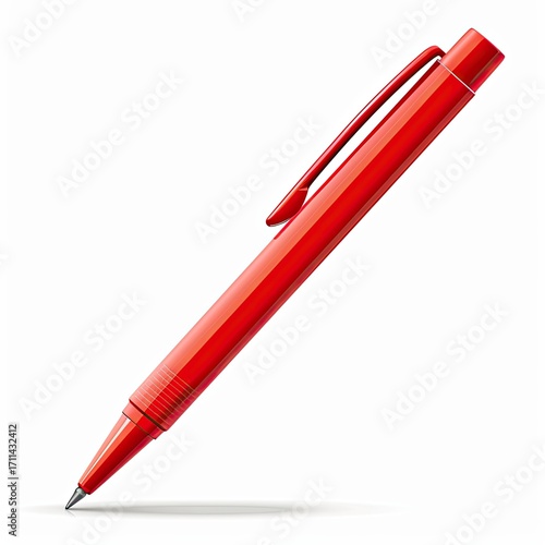 A red pen standing upright, showcasing its sleek design and writing tip.