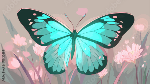 Vibrant turquoise butterfly in pastel flowers