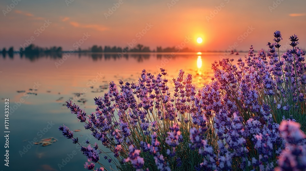 Naklejka premium Lavender blooms by a tranquil lake at sunset (1)