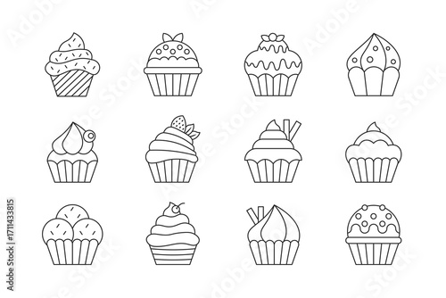 Cupcake Outline Icon Set – Vector Line Art Dessert Collection