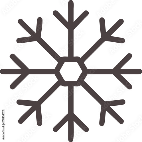Simple dark gray snowflake icon with six symmetrical arms on a white background
