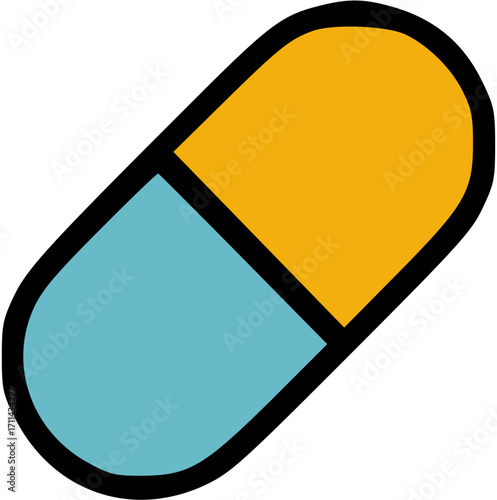 A simple, stylized illustration of a capsule-shaped medication, split into two colored halves.