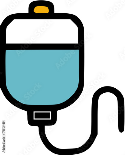 Simple illustration of an intravenous (IV) drip bag, containing blue liquid, with a connected tube.