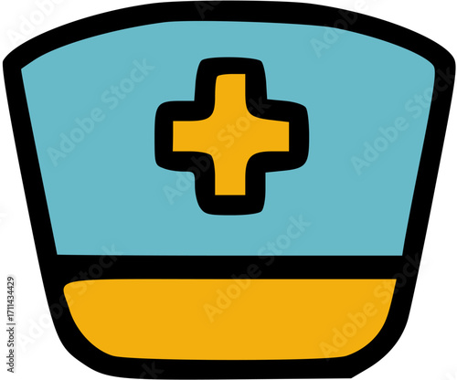 Simple cartoon illustration of a nurse's cap with a medical cross symbol, isolated.