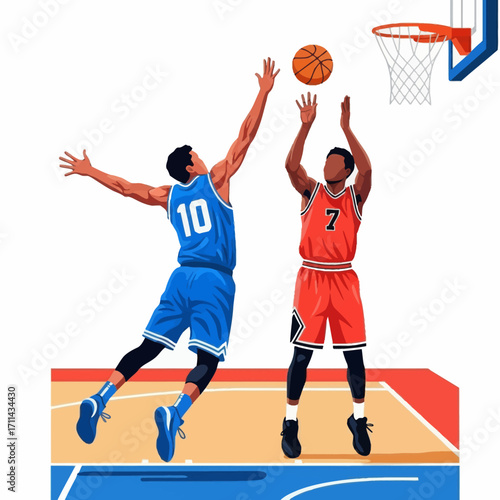 Basketball players competing for a slam dunk during a game
