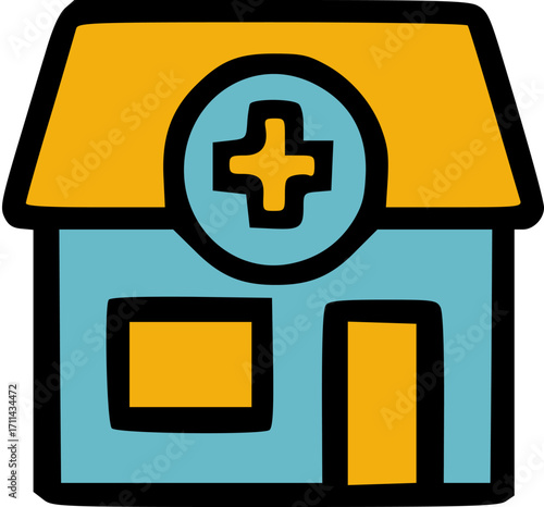 Illustration of a small, blue and yellow building with a medical cross symbol, representing a clinic or hospital.