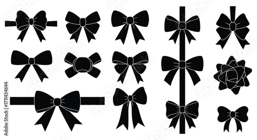 Collection of black ribbon bows in various shapes and styles displayed