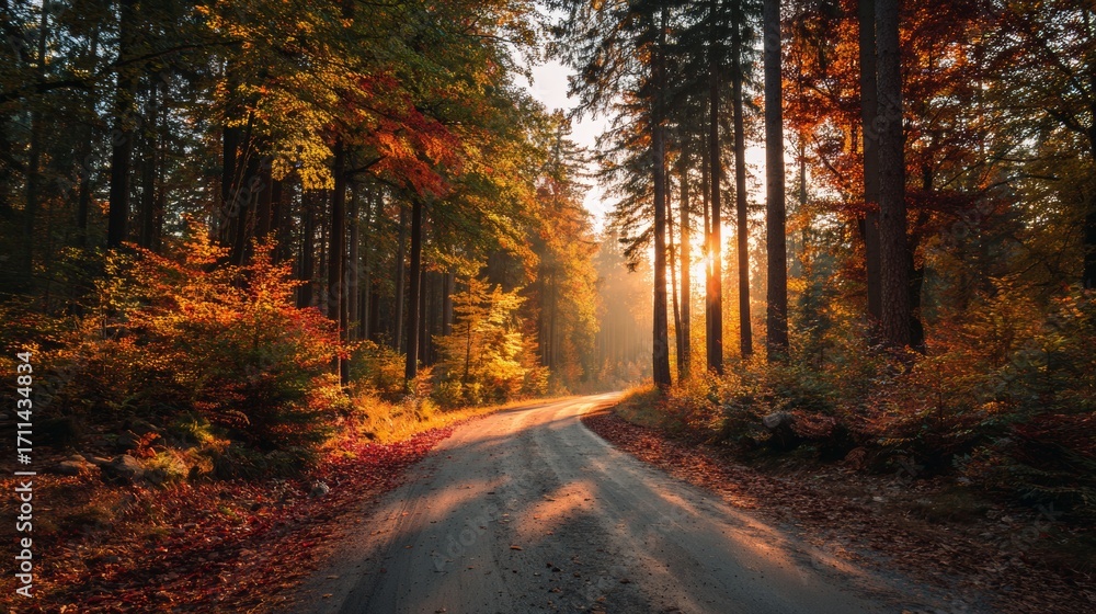 Fototapeta premium Road in autumn forest at sunset.