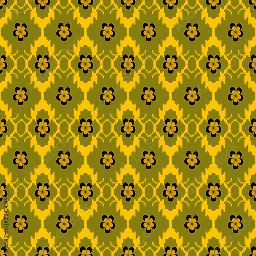 A pixelated digital pattern of brown and white diamonds arranged in a grid on a light blue background.