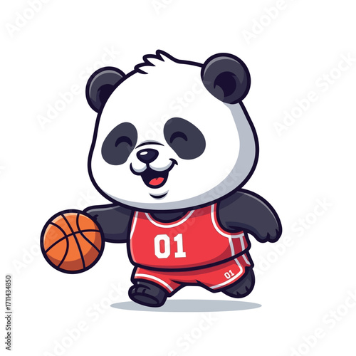 Cute Cartoon Panda Dribbling a Basketball in a Red Jersey Illustration