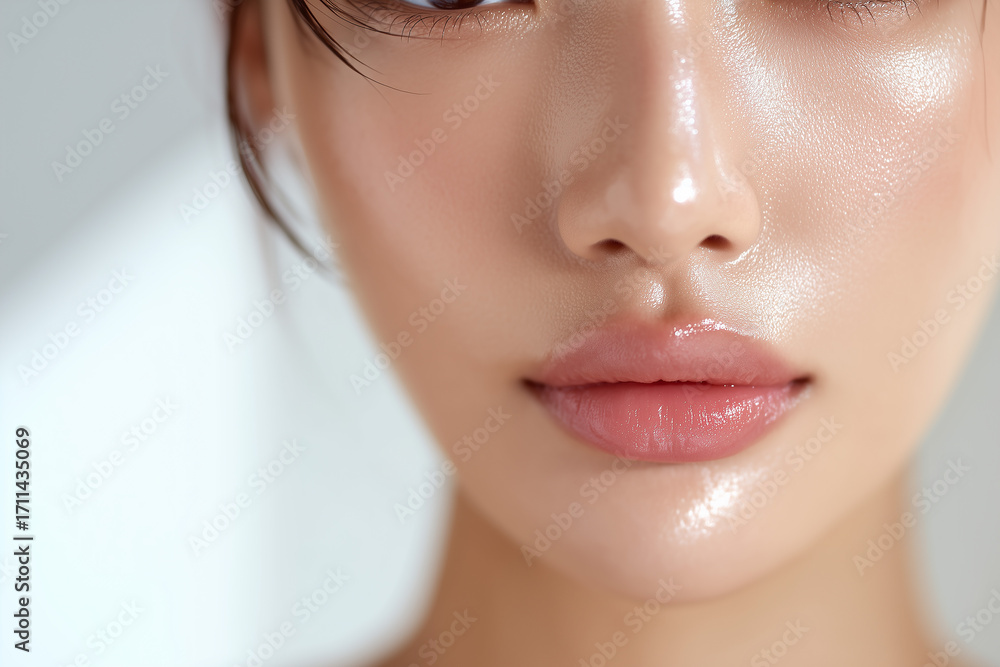 Obraz premium 運動後、汗ばむ女性の口元のクローズアップ Close-up of a Woman's Glistening Mouth After a Workout