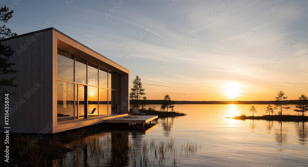 Fototapeta premium Modern architecture with a golden sunset Eco-friendly wooden pavilion by the lake reflecting the sun