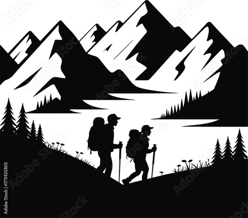 Couple hiking in a majestic mountain landscape silhouette