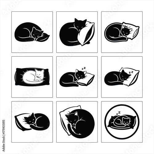 Illustration Set Of Cats Sleeping On Pillows In Different Styles And Poses