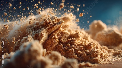 Abstract composition of beige powder with dust particles in dynamic motion