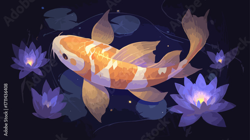 Koi fish and lotus flowers in dark water