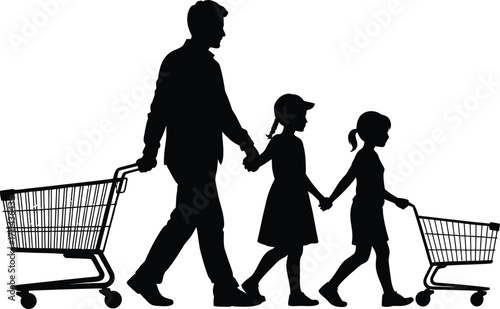 Happy family pushing shopping carts together in silhouette