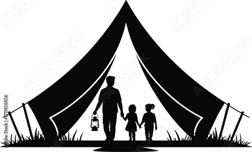 Father and children happily entering a tent silhouette