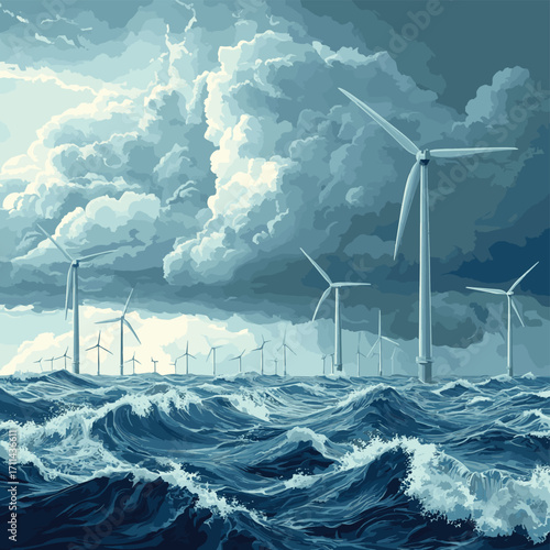 Photorealistic Offshore Wind Farm with Turbines Amid Stormy Sea and Dark Clouds, Capturing Waves and Power Generation , vector style simple color