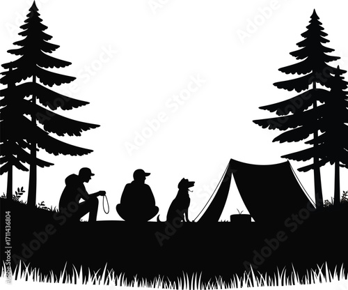 Group of people and dog enjoying camping in the wilderness silhouette