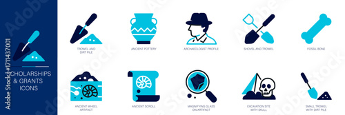 Archaeology Blue Colored Outline Icon Set