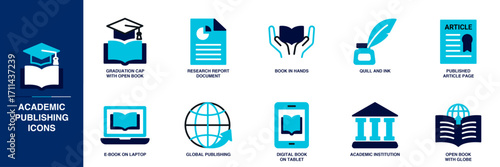 Academic Publishing Blue Colored Outline Icon Set