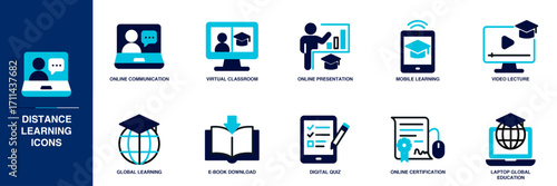 Distance Learning Blue Colored Outline Icon Set