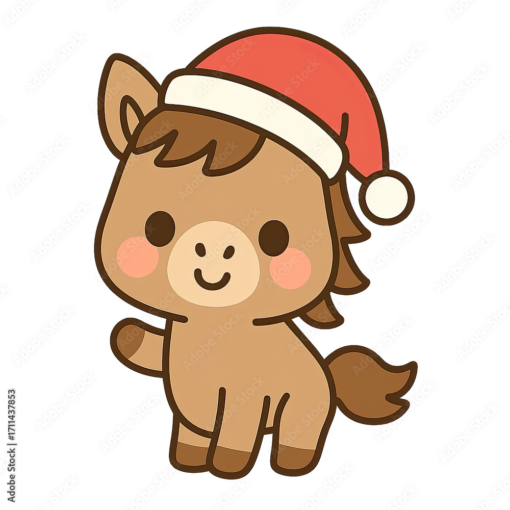 Fototapeta premium Cute festive horse wearing Santa hat.
