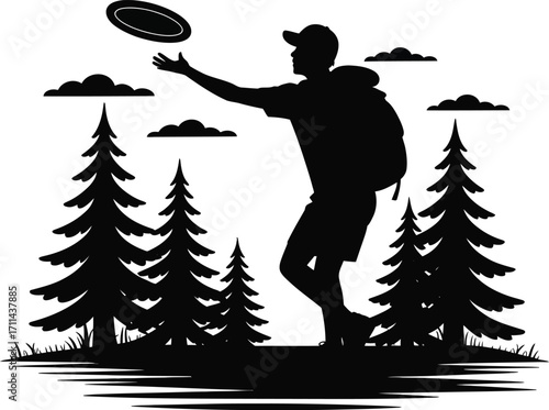 Man playing frisbee disc golf silhouette in action