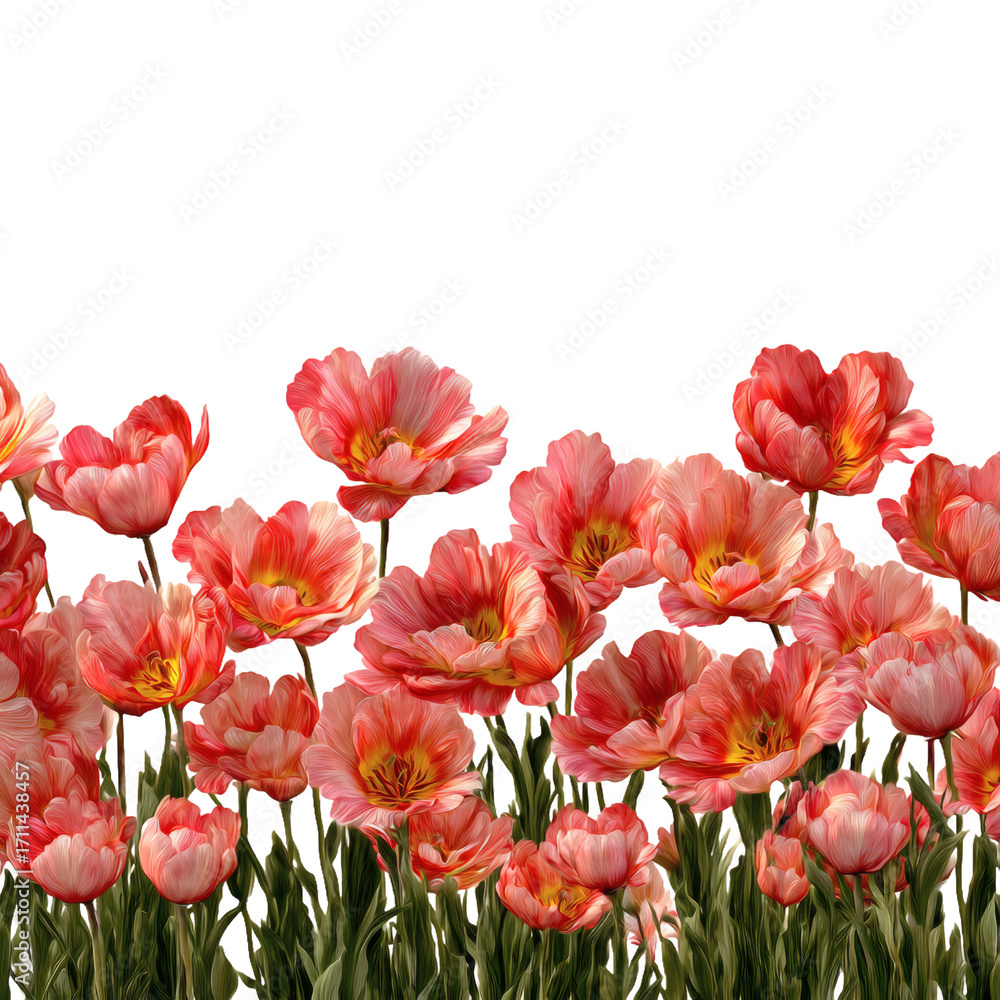 Fototapeta premium Vibrant coral pink double blooming tulips create a stunning floral border against a deep black background