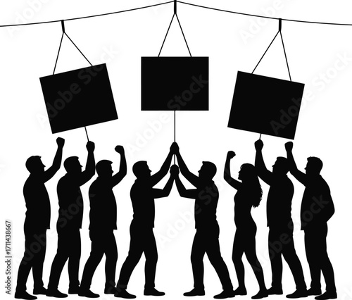 Diverse protesting crowd with signs raised in silhouette
