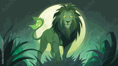 Green lion under moonlight