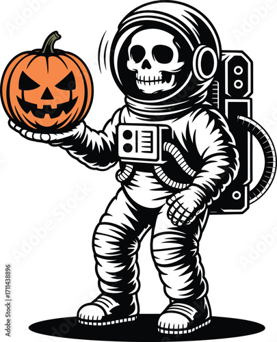 Skeleton astronaut holding a glowing halloween pumpkin silhouette