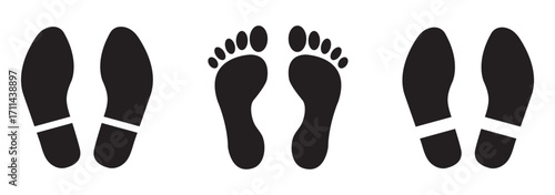Different human footprints. Imprint soles shoes. Baby children footprint, Shoes for children and adults, adults and children's steps. Perfect for ecology, environment, travel, identity, lifestyle. 