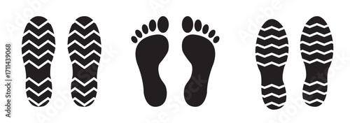Different human footprints. Imprint soles shoes. Baby children footprint, Shoes for children and adults, adults and children's steps. Perfect for ecology, environment, travel, identity, lifestyle. 