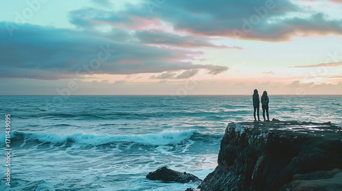 Tranquil ocean vista: two figures contemplatively watch the waves roll in from a rocky cliffside